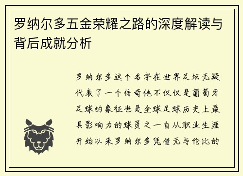 罗纳尔多五金荣耀之路的深度解读与背后成就分析